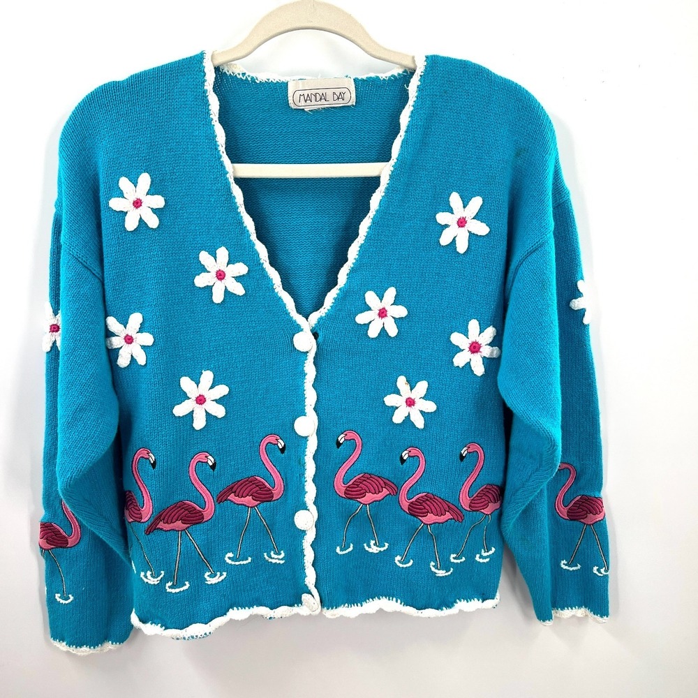 Vintage Mandal Bay cardigan sweater flamingo kidcore bright blue dopamine M